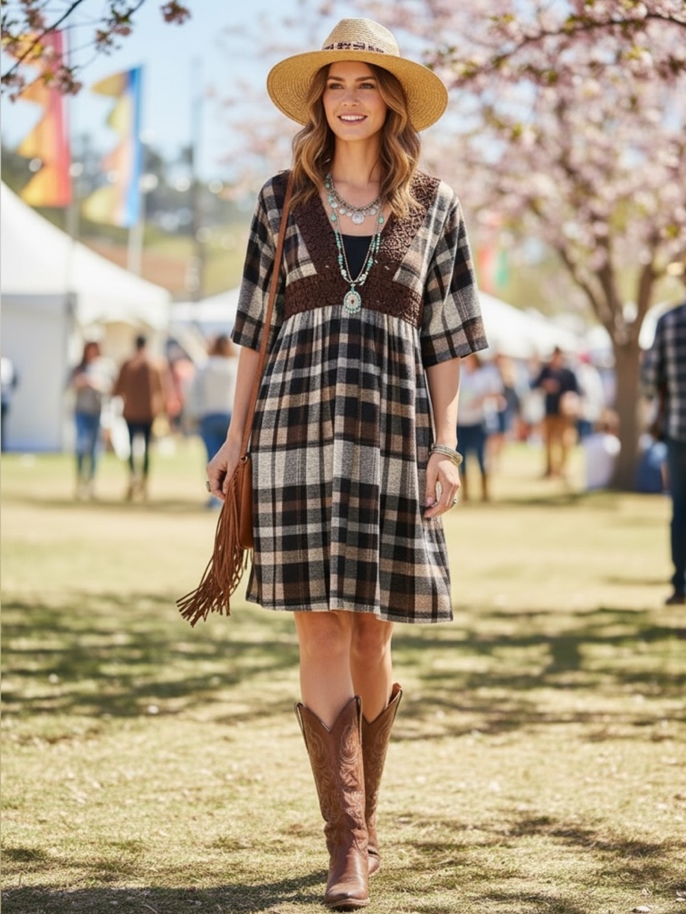 Brown Black Plaid Babydoll Mini Dress Empire Waist Crochet Neck Lined Pocket Y2K